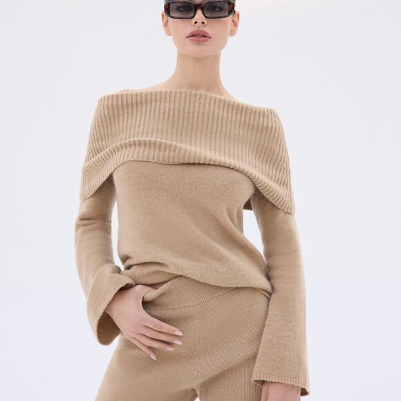 cult gaia Sweaters - Cult Gaia Moriah Knit Wool Alpaca Ribbed Off the Shoulder Tan Camel Sweater